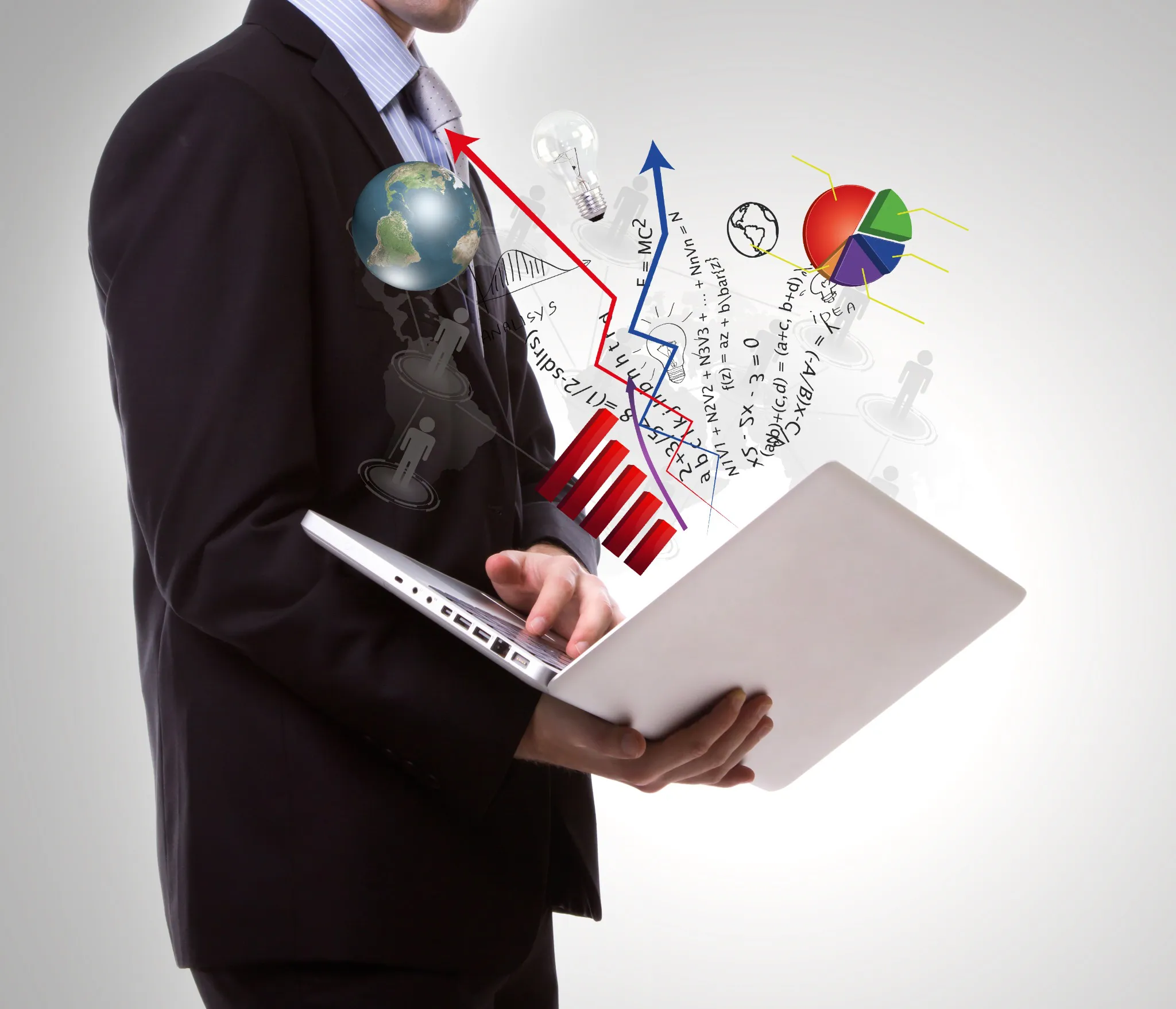 Homme utilisant ordinateur portable graphiques emergents netlinking